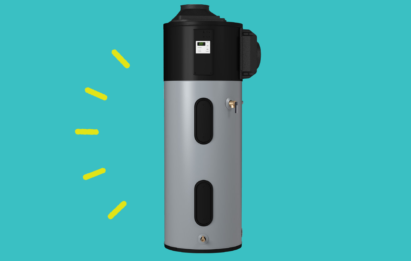 an electric heat pump water heater on a teal background
